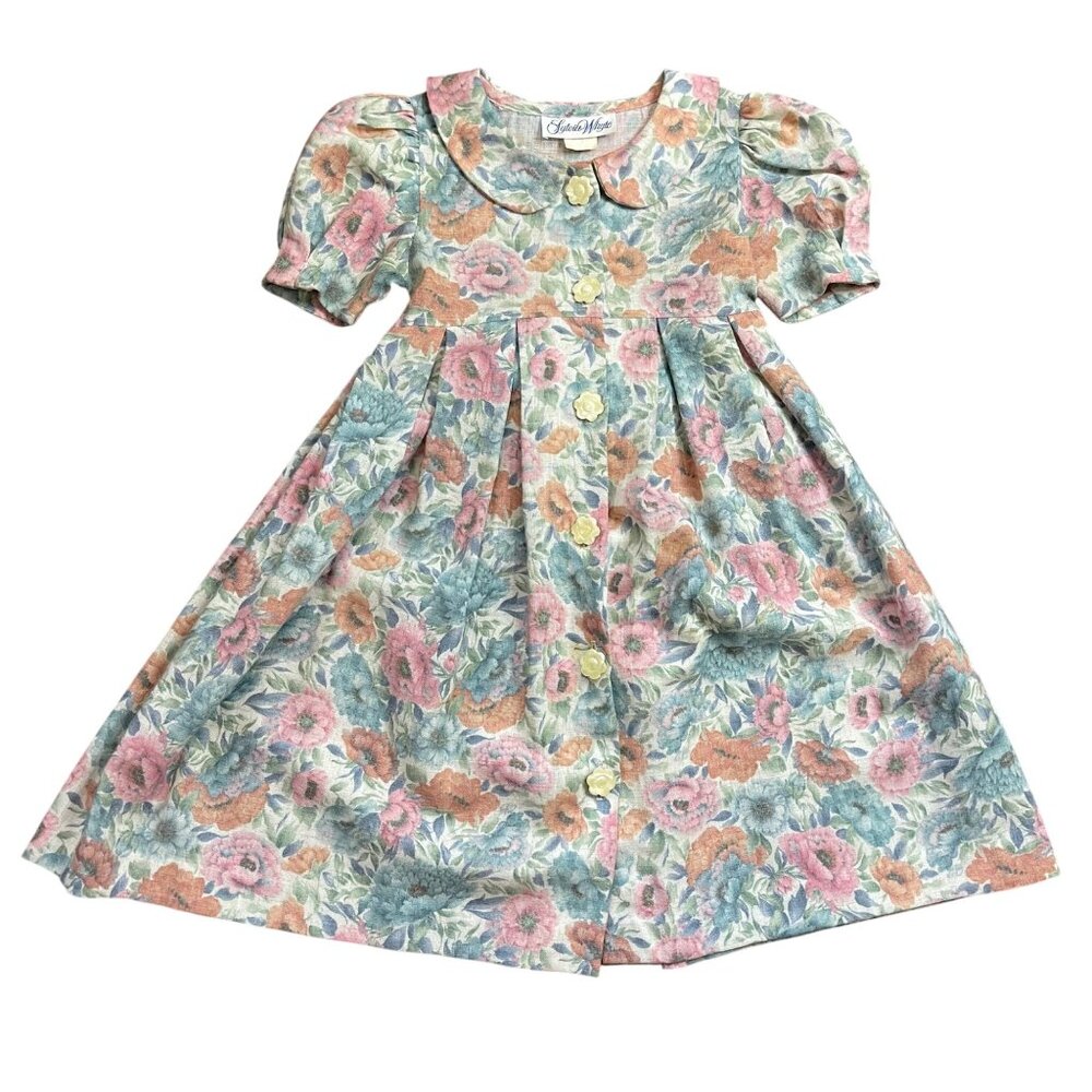 Vintage Sylvia Whyte Floral Dress With Peter Pan‎ Collar Girls Size 4 Tie Sash